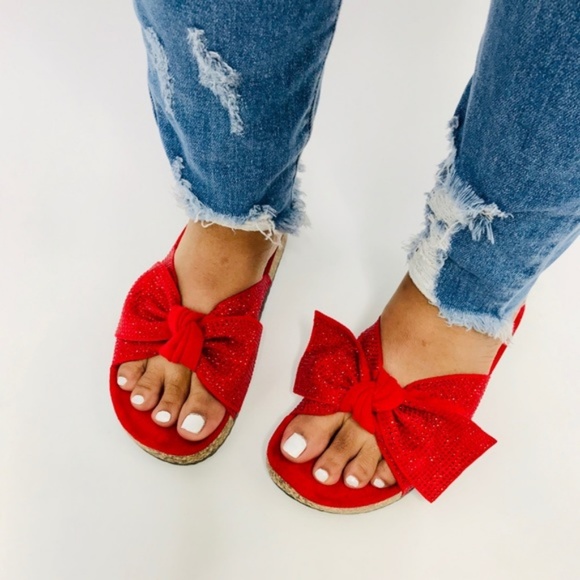 Shoes - RESTOCKED!! Embellished Bow Cork Slides in Red